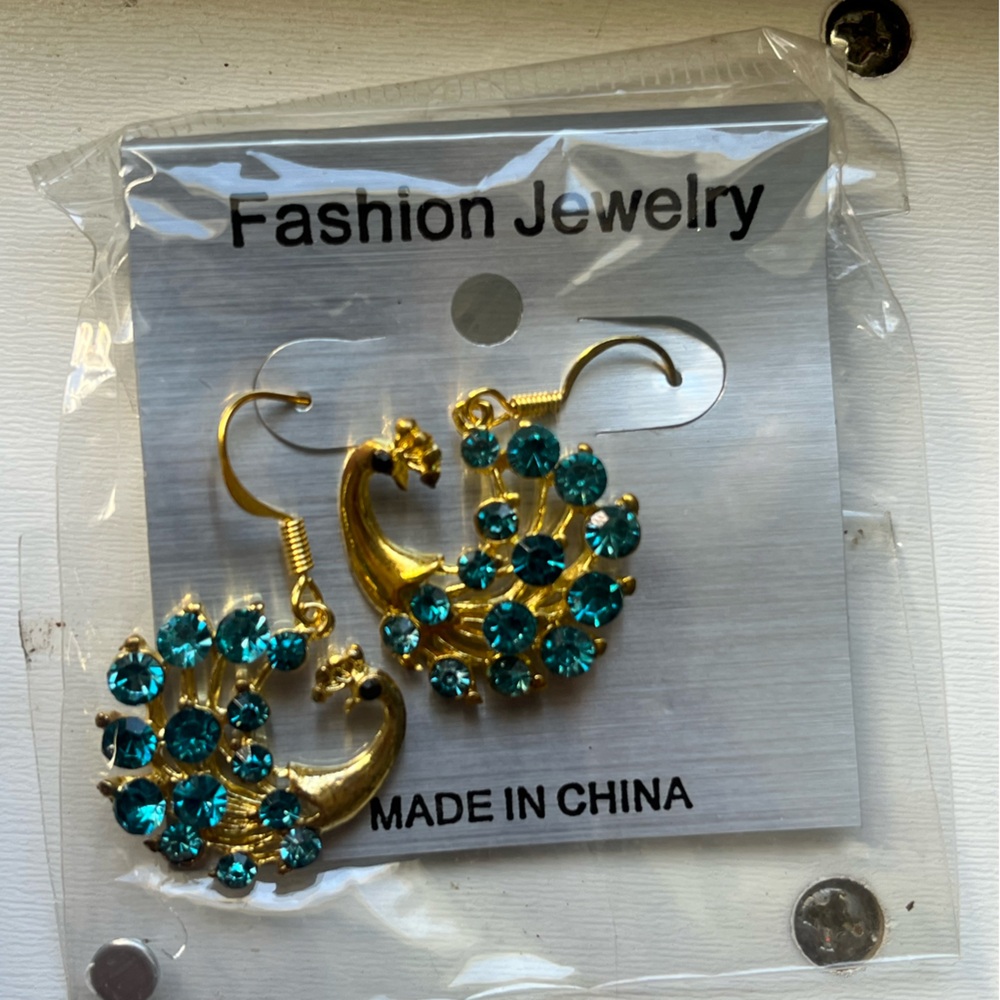 Gold and Teal Peacock Earrings